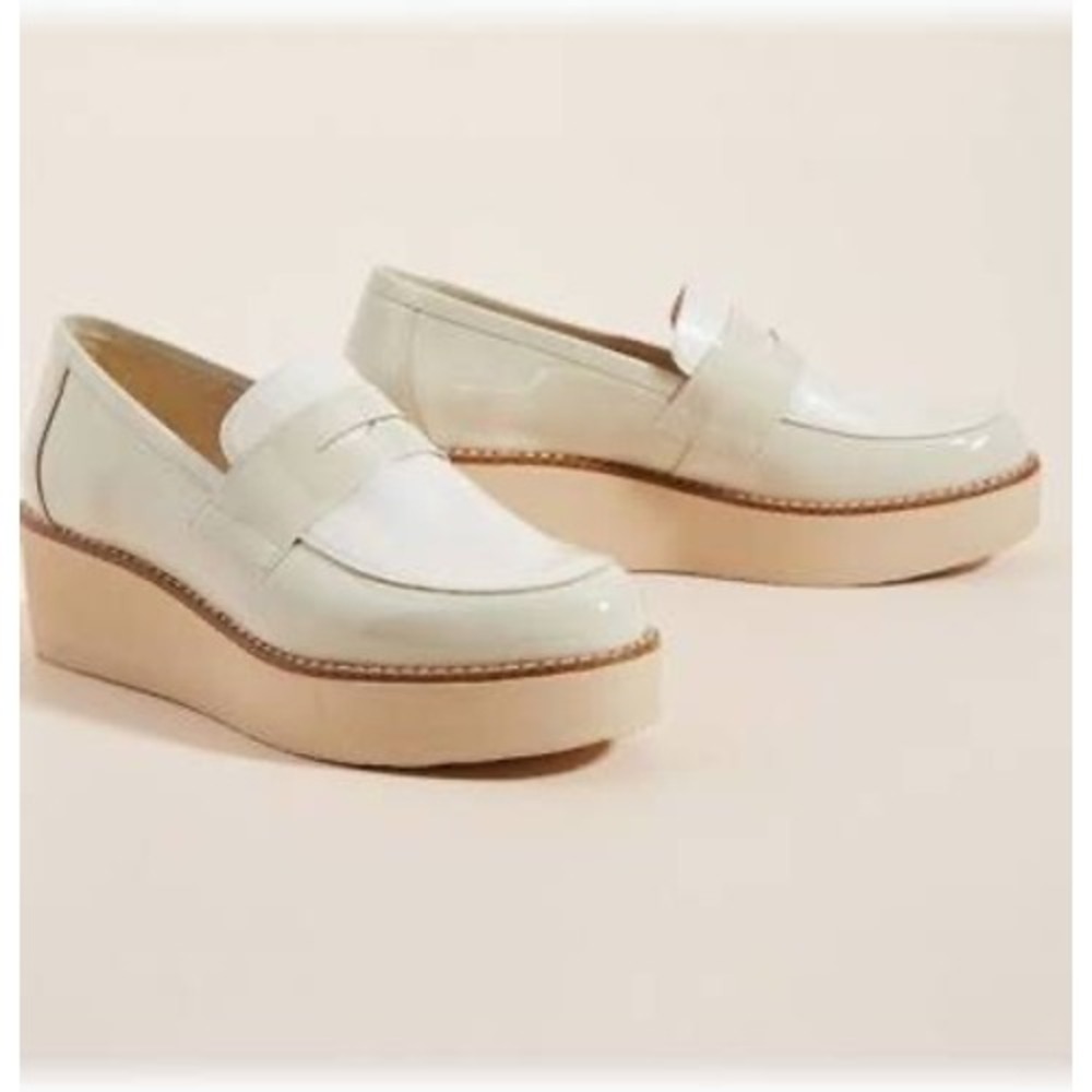 Anthropologie Llana Cream Patent Leather Platform Penny Loafers Size 40